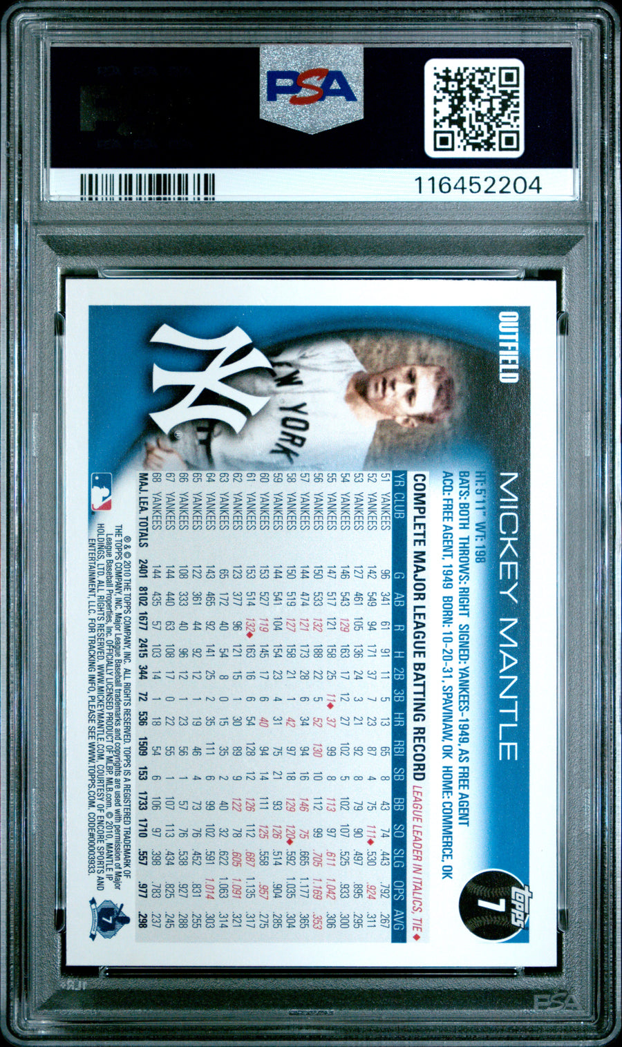 2010 Topps #7 Mickey Mantle PSA 9 — Back