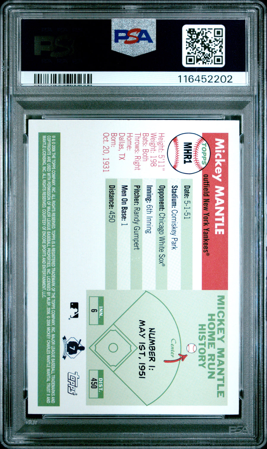 2006 Topps Mickey Mantle Home Run History #MHR1 Mickey Mantle PSA 7 — Back