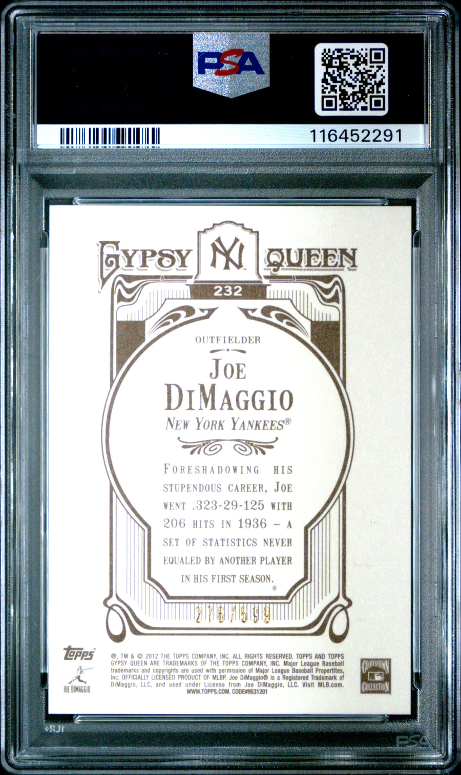 2012 Topps Gypsy Queen #232 Joe Dimaggio W/O Catcher-Blue Frame PSA 10 — Back