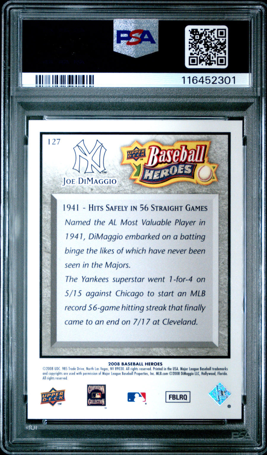 2008 Upper Deck BH #127 Joe Dimaggio Baseball Heroes-Charcoal PSA 10 — Back