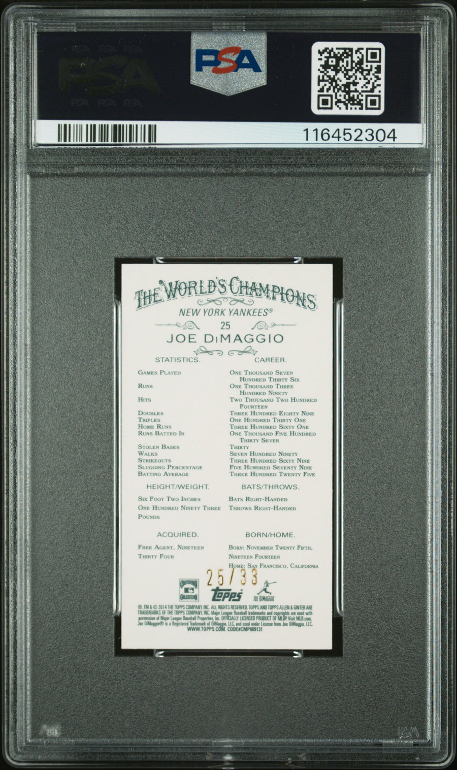 2014 Topps Allen & Ginter #25 Joe Dimaggio Mini-Red Border PSA 9 — Back