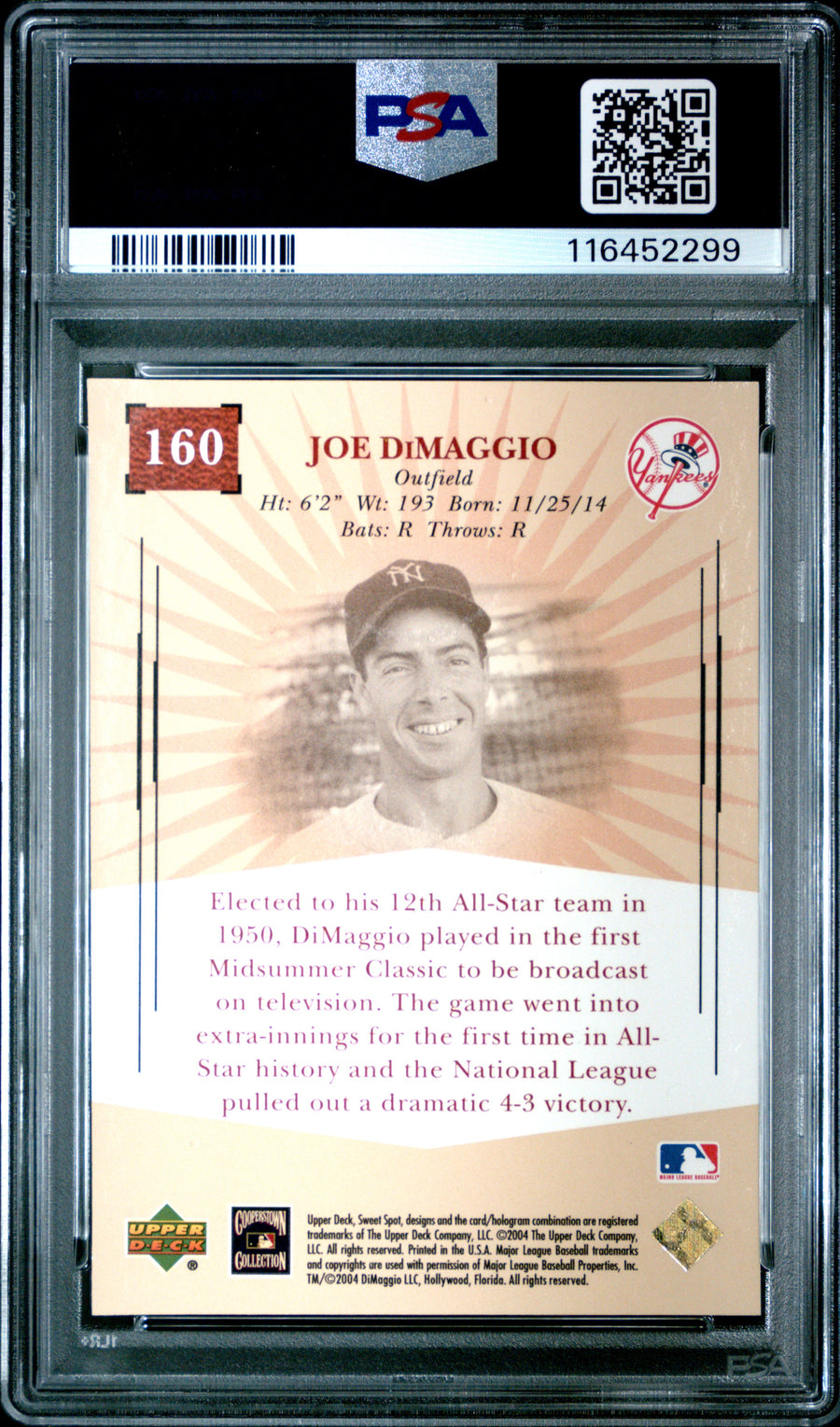 2004 Upper Deck Sweet Spot Classic #160 Joe Dimaggio Classic PSA 9 — Back