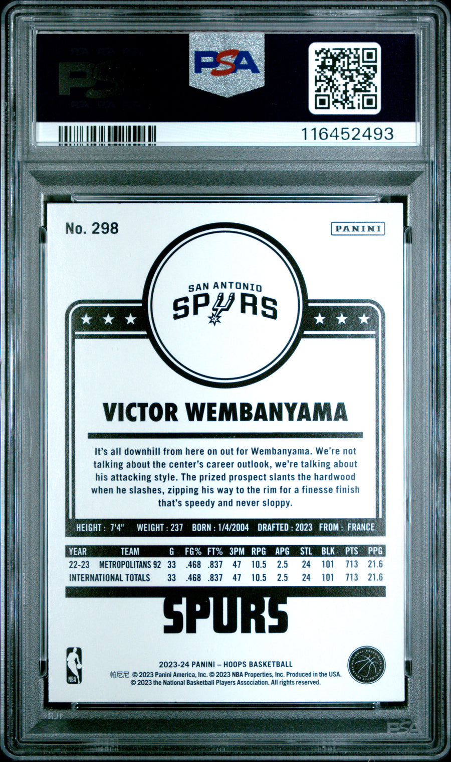 2023 Panini NBA Hoops #298 Victor Wembanyama RC PSA 10 — Back
