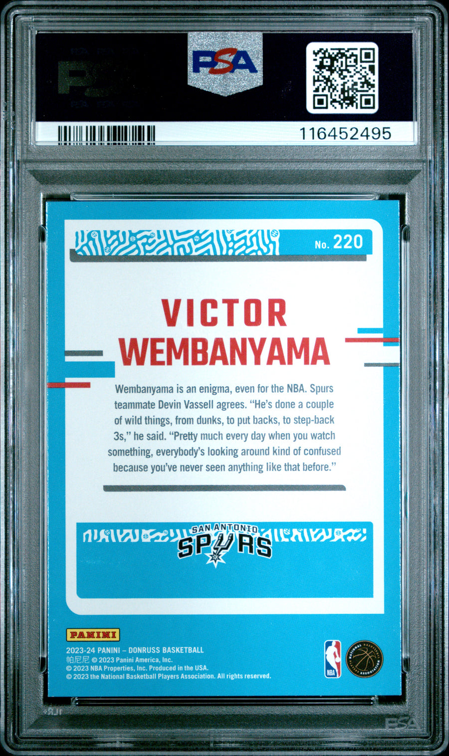 2023 Panini Donruss #220 Victor Wembanyama RR PSA 9 — Back