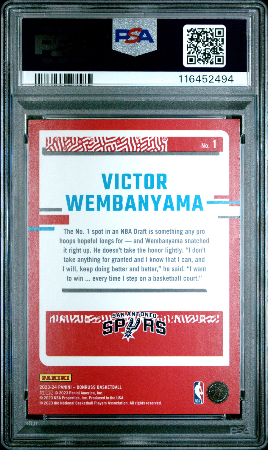 2023 Panini Donruss The Rookies #1 Victor Wembanyama PSA 6 — Back