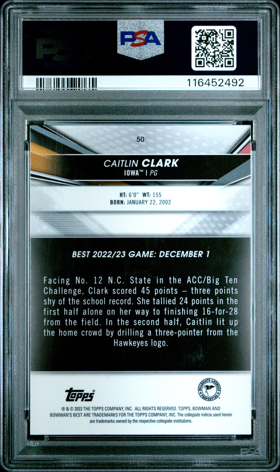 2022 Bowman University Best #50 Caitlin Clark PSA 10 — Back