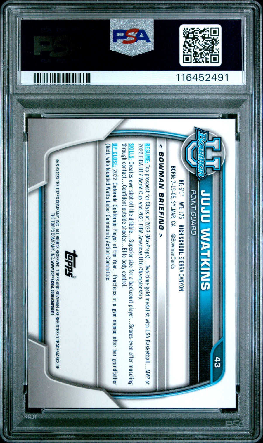2022 Bowman Chrome University #43 Juju Watkins Pink Refractor PSA 9 — Back