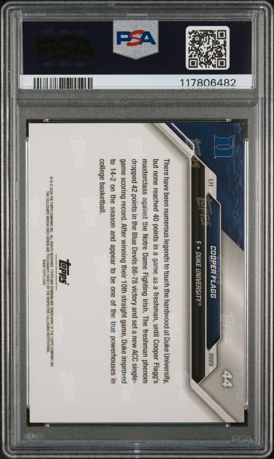 (9)2024-25 Bowman U Now #44 Cooper Flagg PSA 10 — Back