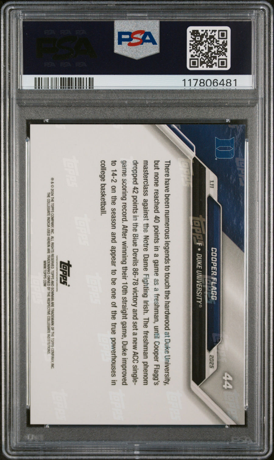 (10)2024-25 Bowman U Now #44 Cooper Flagg PSA 10 — Back