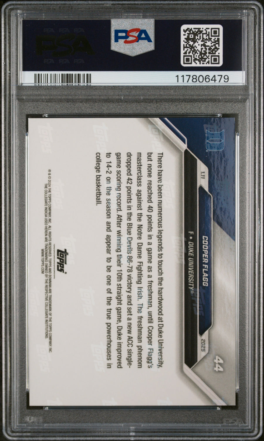 (11)2024-25 Bowman U Now #44 Cooper Flagg PSA 10 — Back