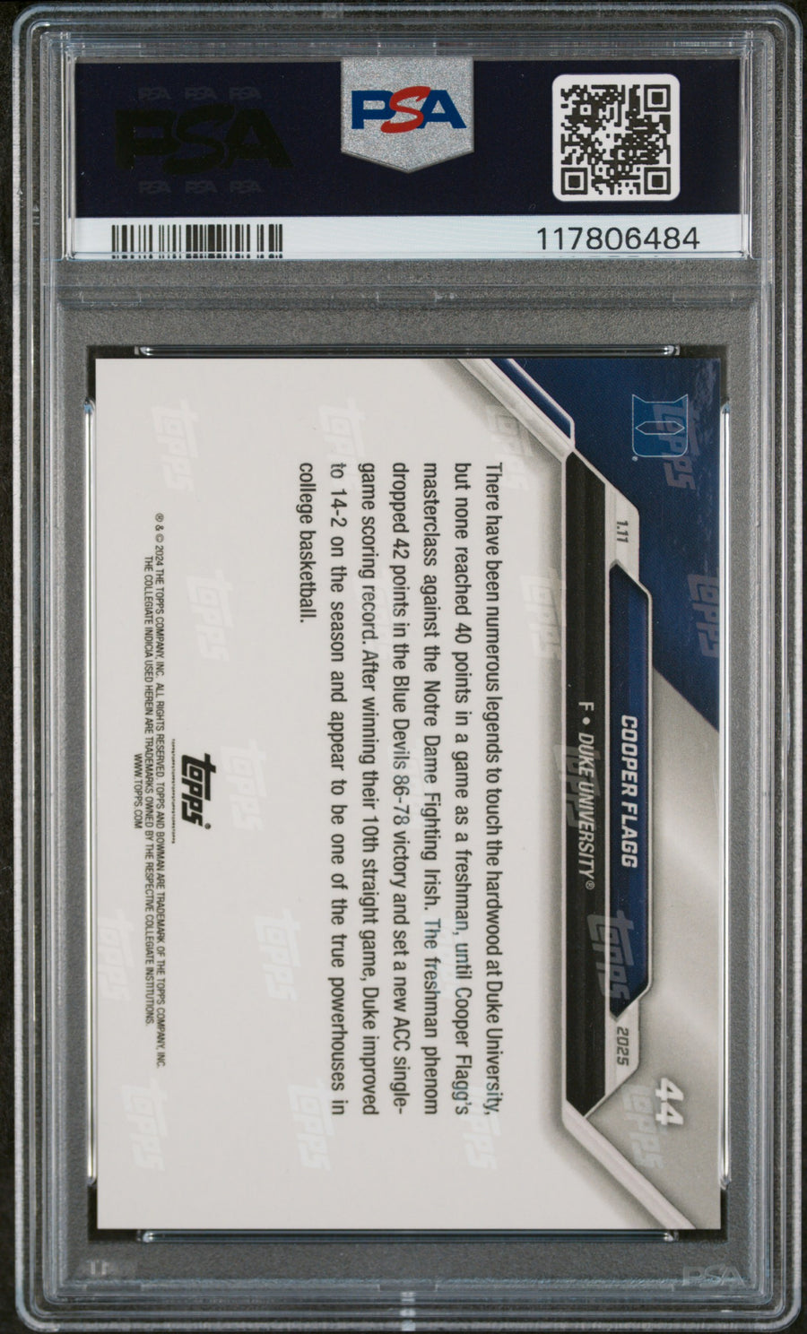(12)2024-25 Bowman U Now #44 Cooper Flagg PSA 10 — Back
