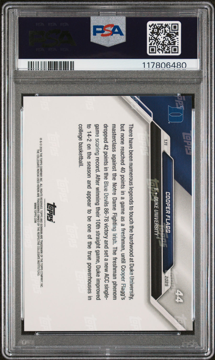 (4)2024-25 Bowman U Now #44 Cooper Flagg PSA 9 — Back