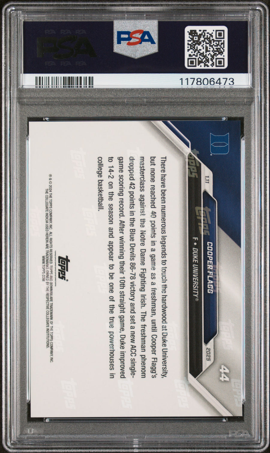 (5)2024-25 Bowman U Now #44 Cooper Flagg PSA 9 — Back