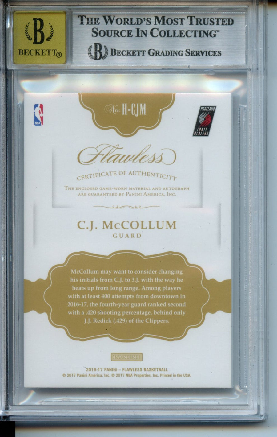 2016-17 Panini Flawless Horizontal Patch Autographs Gold #28 C.J. McCollum BGS 9-10 — Back