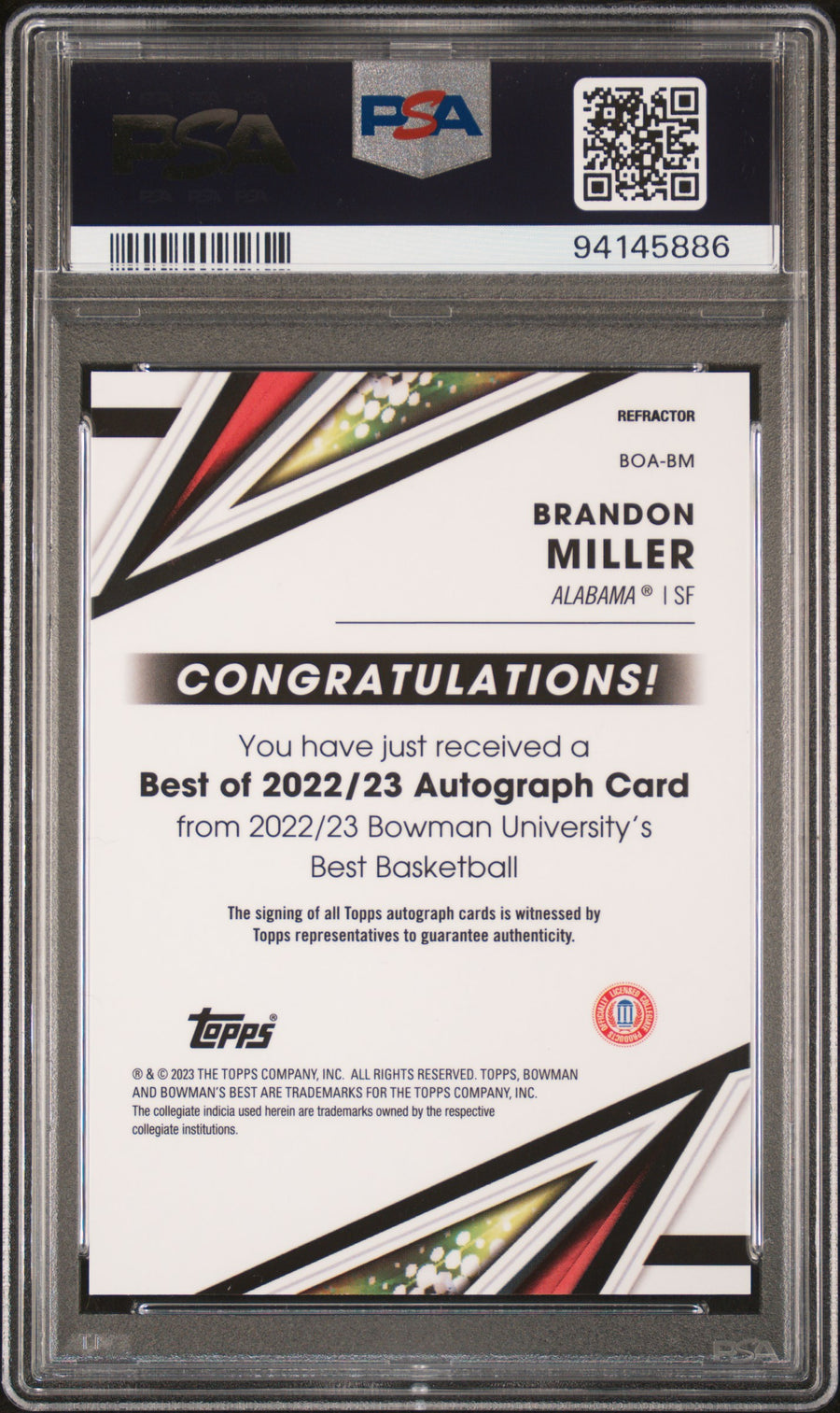 2022 Bowman University Best Of 2022 Autograph #BOABM Brandon Miller AU-Refractor PSA 10-10 — Back