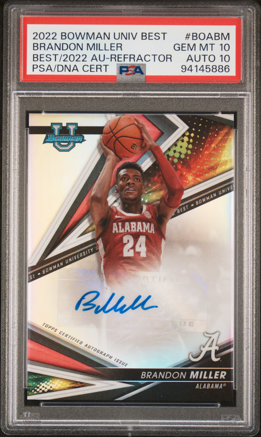 2022 Bowman University Best Of 2022 Autograph #BOABM Brandon Miller AU-Refractor PSA 10-10 — Front