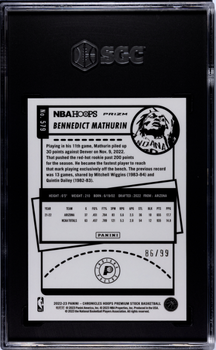 2022-23 Panini Chronicles #579 Bennedict Mathurin Hoops Premium Stock Blue Prizm RC SGC 7 — Back