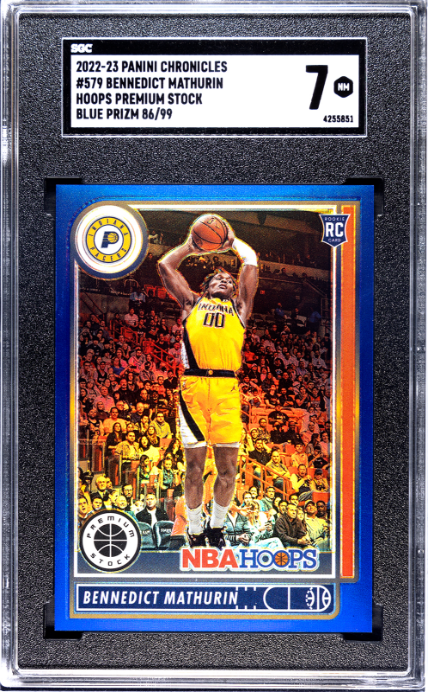 2022-23 Panini Chronicles #579 Bennedict Mathurin Hoops Premium Stock Blue Prizm RC SGC 7 — Front