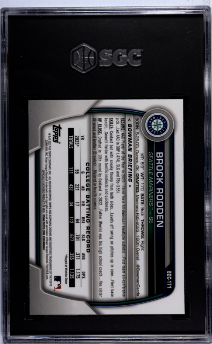 2023 Bowman Draft #BDC-171 Brock Rodden Chr. Lunar Glow Refractor SGC 10 — Back