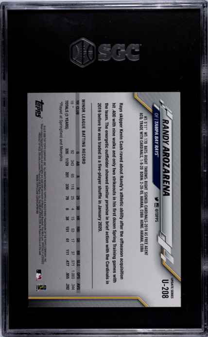 2020 Topps Update #U-208 Randy Arozarena RC SGC 10 — Back