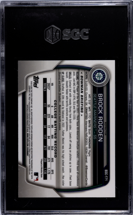 2023 Bowman Draft #BDC-171 Brock Rodden Chrome Refractor SGC 8 — Back