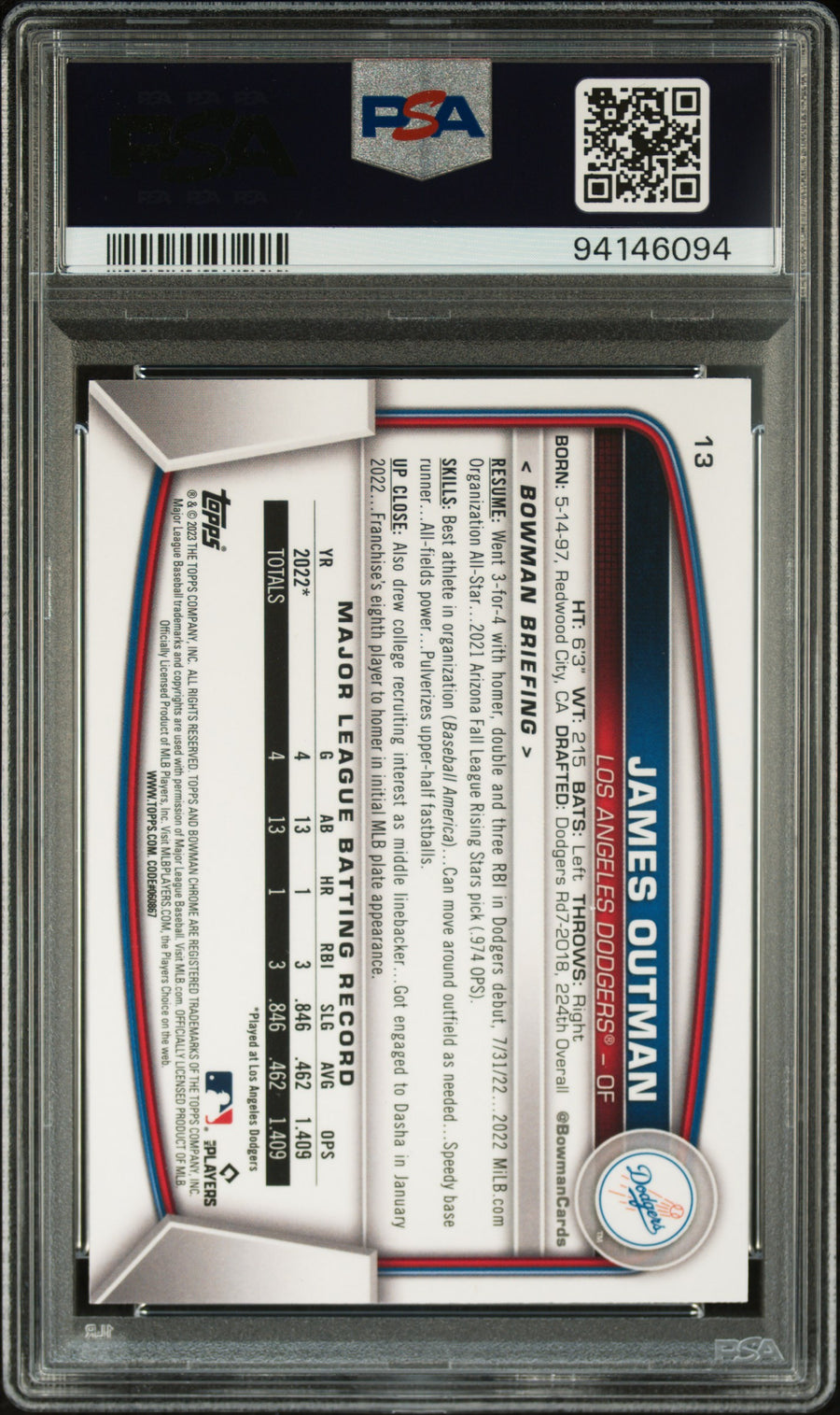 2023 Bowman Mega Box Chrome #13 James Outman Chrome RC PSA 10 — Back