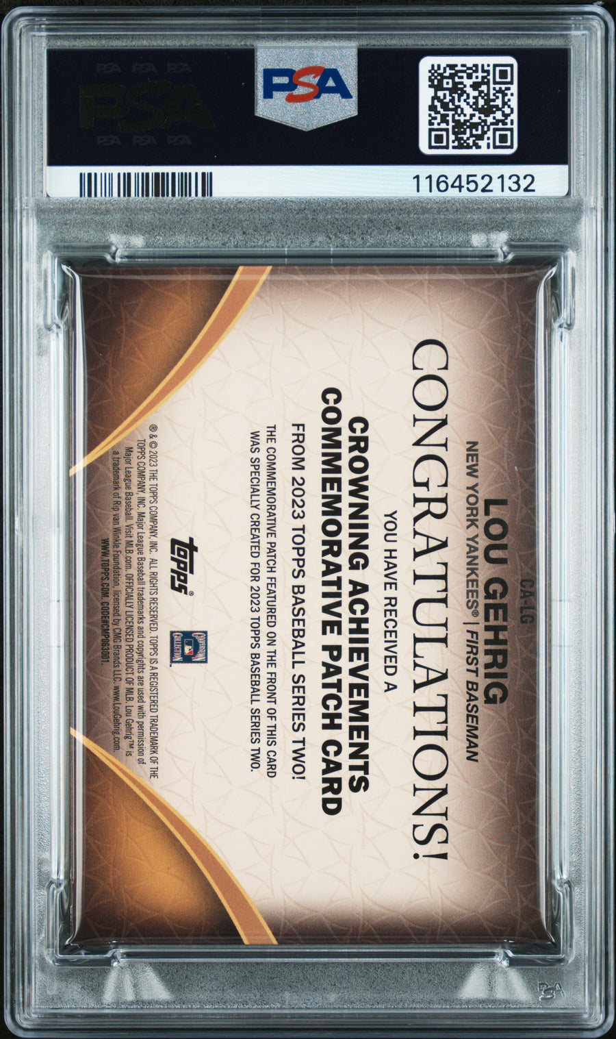 2023 Topps Crowning Achievements Commemorative Patch #CALG Lou Gehrig PAT-BLK PSA 5 — Back