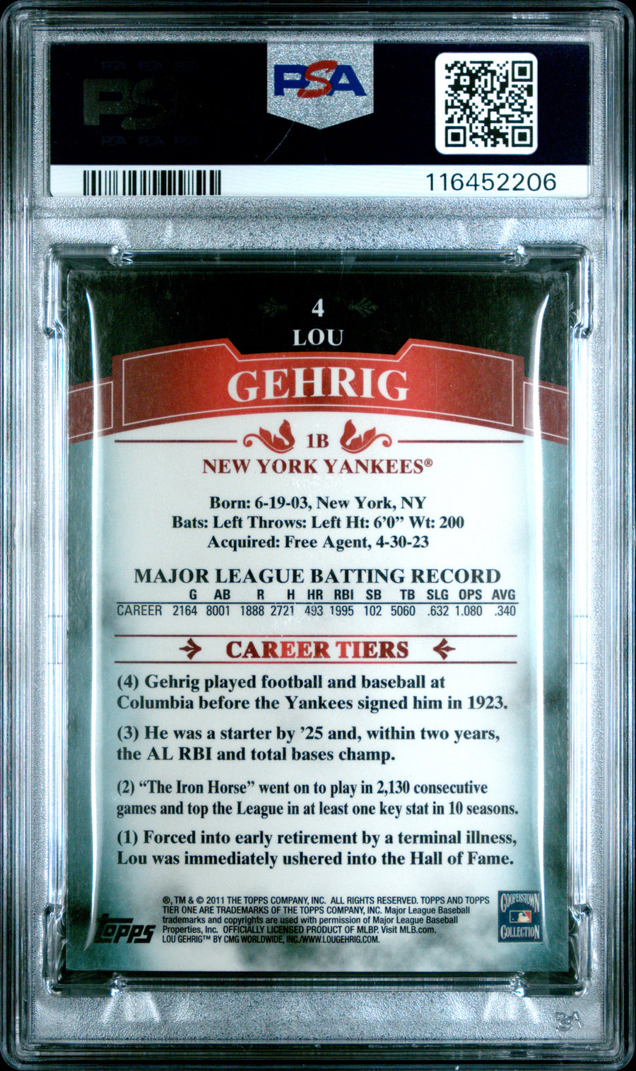 2011 Topps Tier One #4 Lou Gehrig Blue PSA 4 — Back
