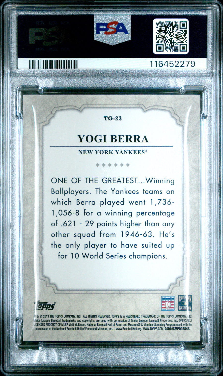 2013 Topps The Greats #TG-23 Yogi Berra The Greats-Gold PSA 3 — Back