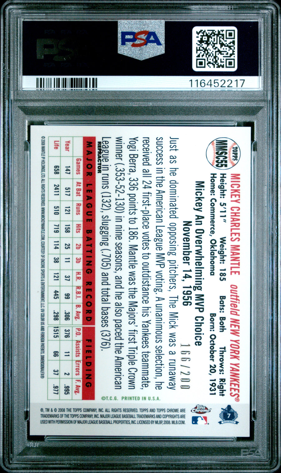 2008 Topps Chrome Mantle Story #55 Mickey Mantle Mantle Story-Blue Ref. PSA 5 — Back