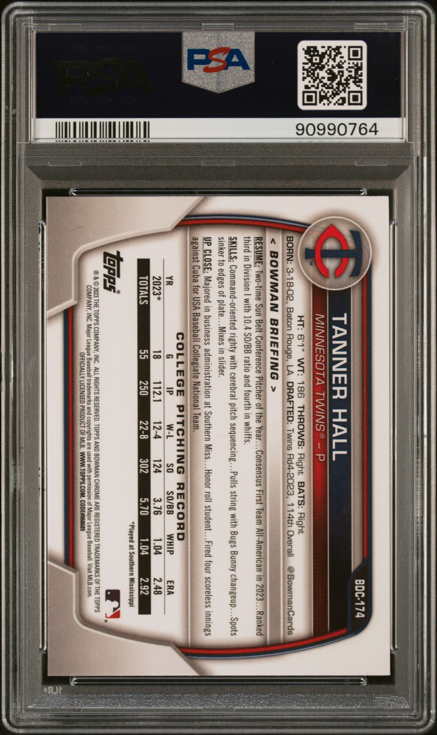 2023 Bowman Draft #BDC174 Tanner Hall Chrome-Blue Refractor PSA 10 — Back