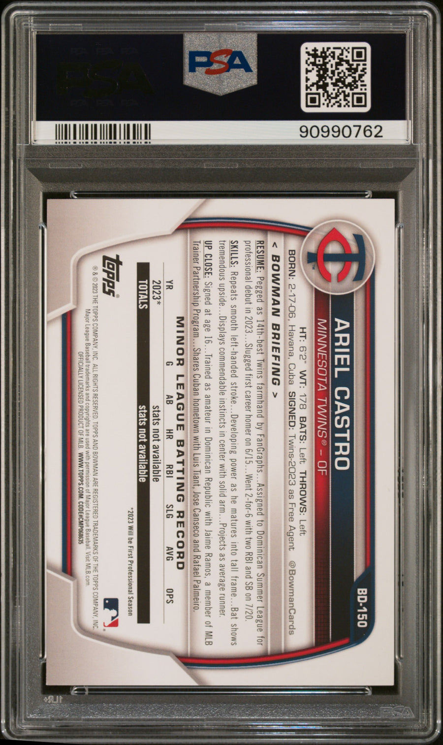 2023 Bowman Draft #BD150 Ariel Castro Sky Blue PSA 10 — Back