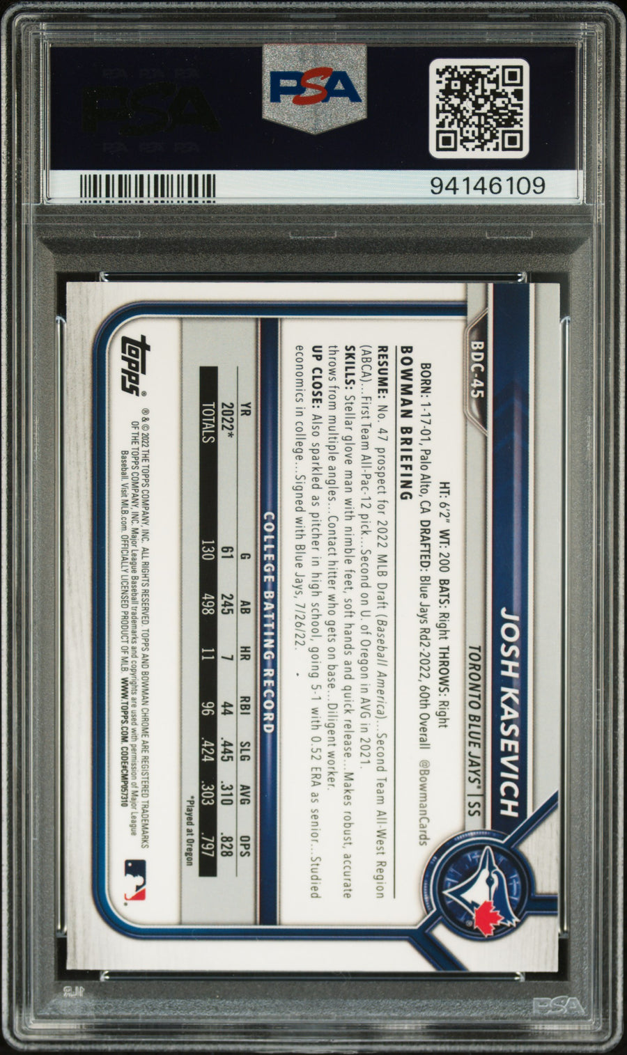 2022 Bowman Draft #BDC45 Josh Kasevich Chr-B/W Rywv.Refractor PSA 10 — Back