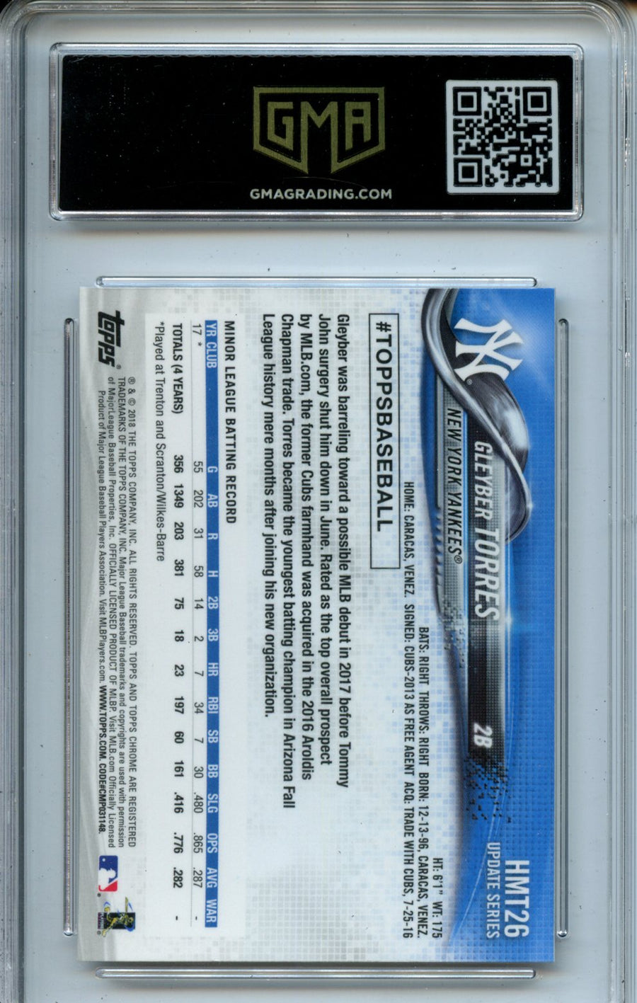 2018 Topps Chrome Update #HMT26 Gleyber Torres RC GMA 10 — Back