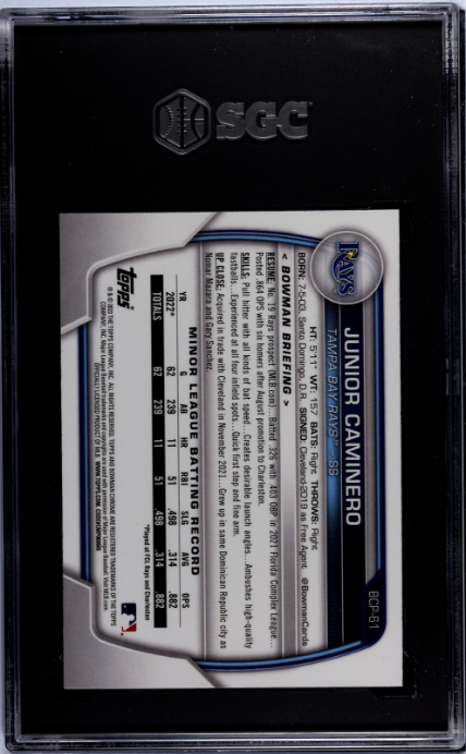 2023 Bowman #BCP-61 Junior Caminero Chrome Prospect SGC 10 — Back