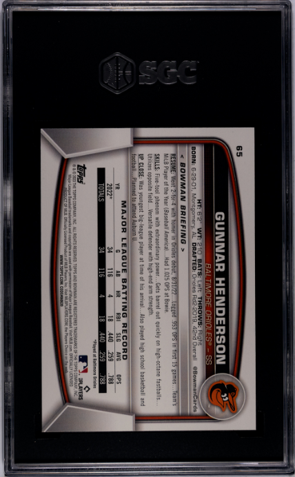 2023 Bowman #65 Gunnar Henderson RC SGC 6 — Back