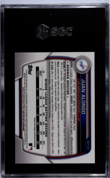 2023 Bowman #BCP-137 Juan Alonso Chrome Prospect Atomic Refractor SGC 9 — Back