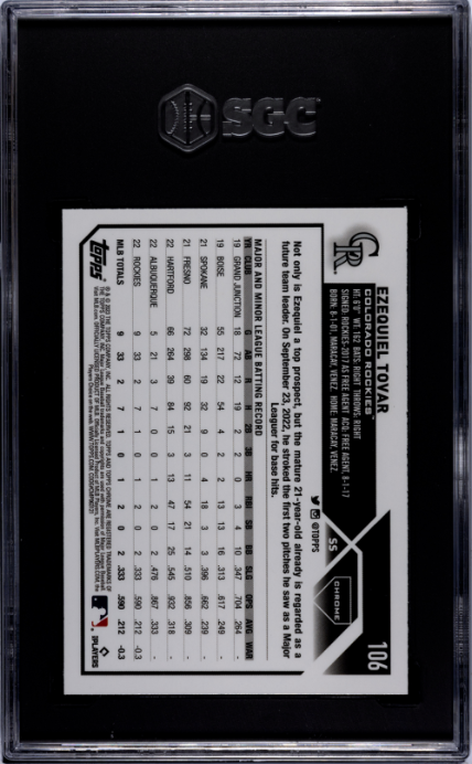 2023 Topps Chrome #106 Ezequiel Tovar Sepia Refractor RC SGC 10 — Back