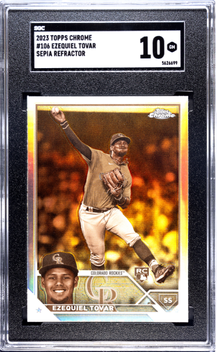 2023 Topps Chrome #106 Ezequiel Tovar Sepia Refractor RC SGC 10 — Front