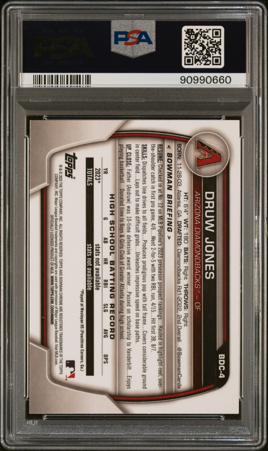 2023 Bowman Draft #BDC4 Druw Jones Chrome-Green Refractor PSA 10 — Back