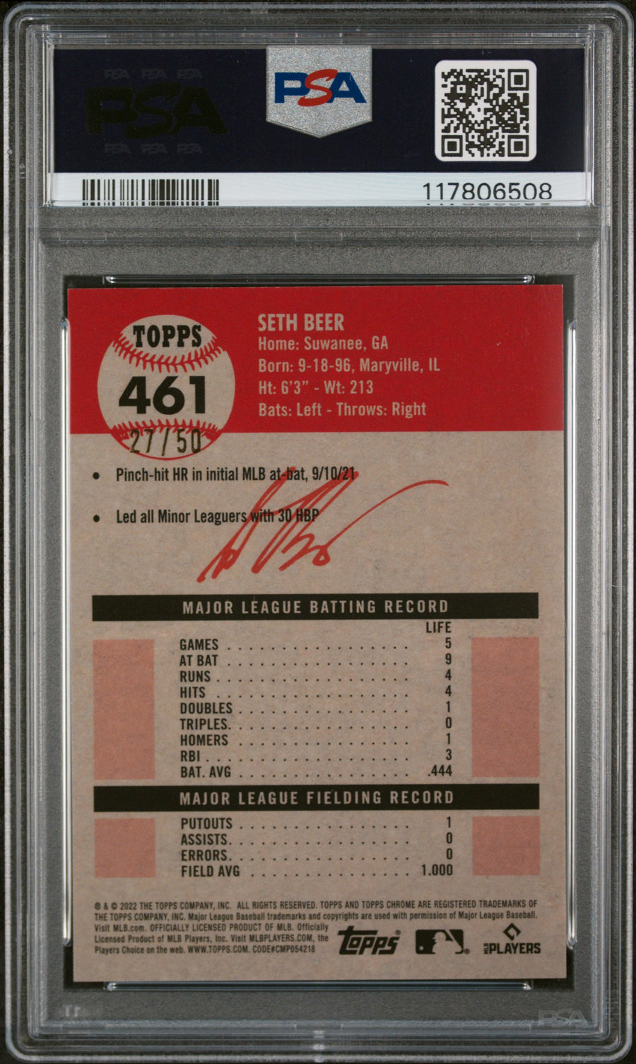 2022 Topps Chrome Platinum Anniversary #461 Seth Beer PLT Toile Cream/Gold Ref. RC PSA 10 — Back