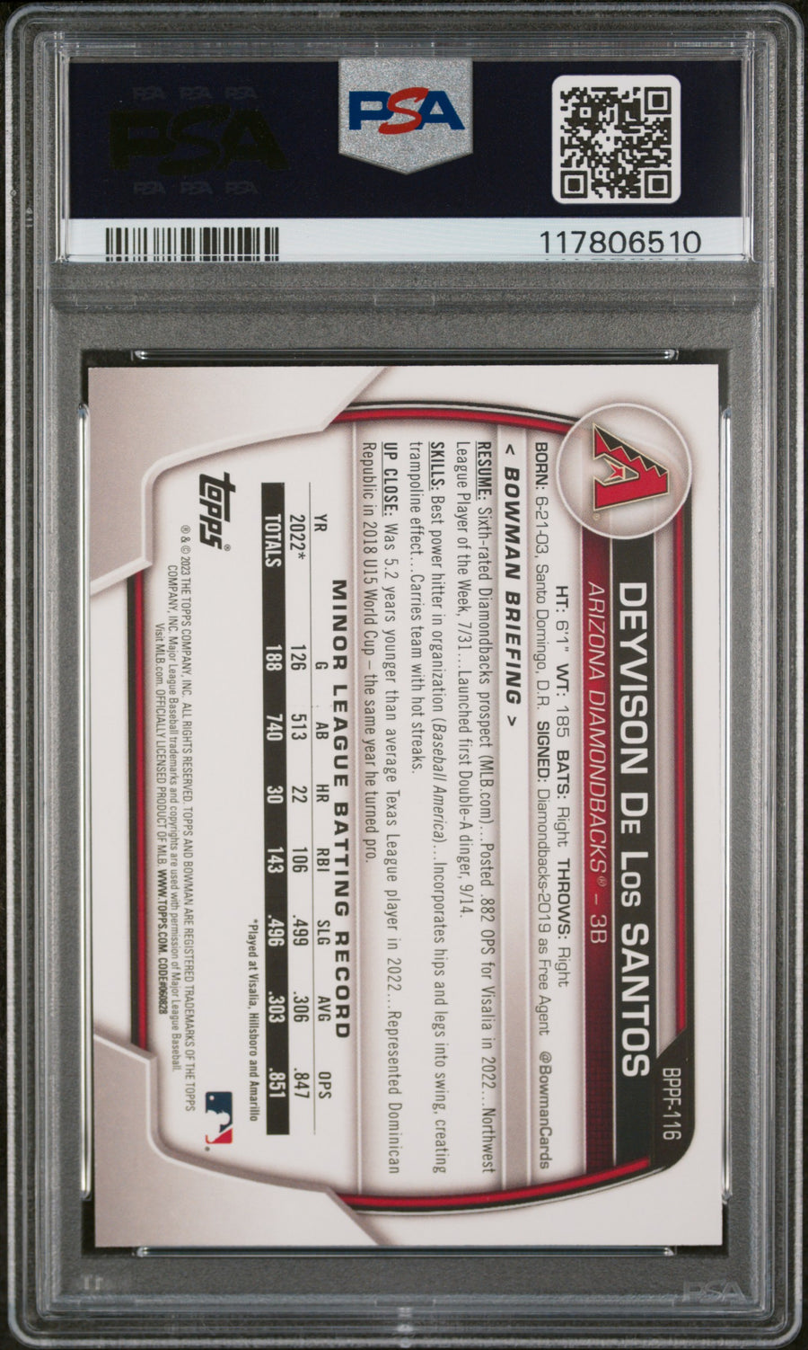 2023 Bowman 1st Edition #BPPF116 D De Los Santos Yellow Foil PSA 9 — Back
