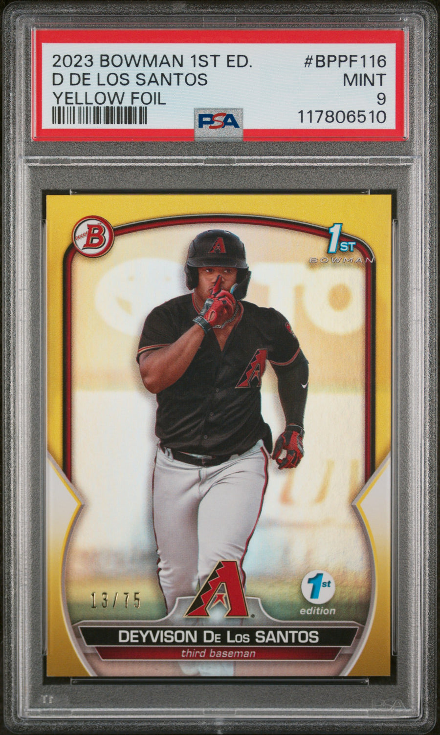 2023 Bowman 1st Edition #BPPF116 D De Los Santos Yellow Foil PSA 9 — Front