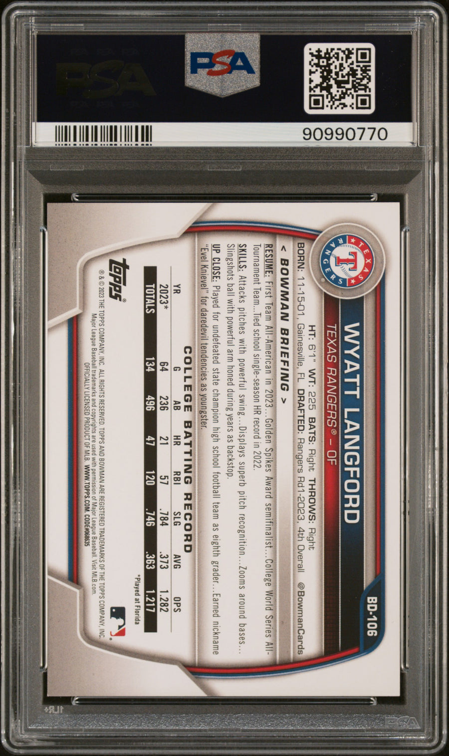 2023 Bowman Draft #BD106 Wyatt Langford PSA 9 — Back