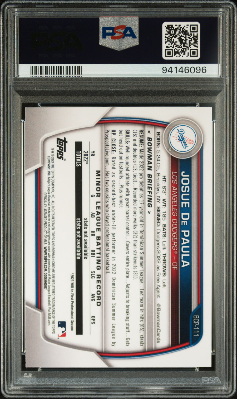 2023 Bowman Mega Box Chrome #111 Josue De Paula Chrome PSA 10 — Back