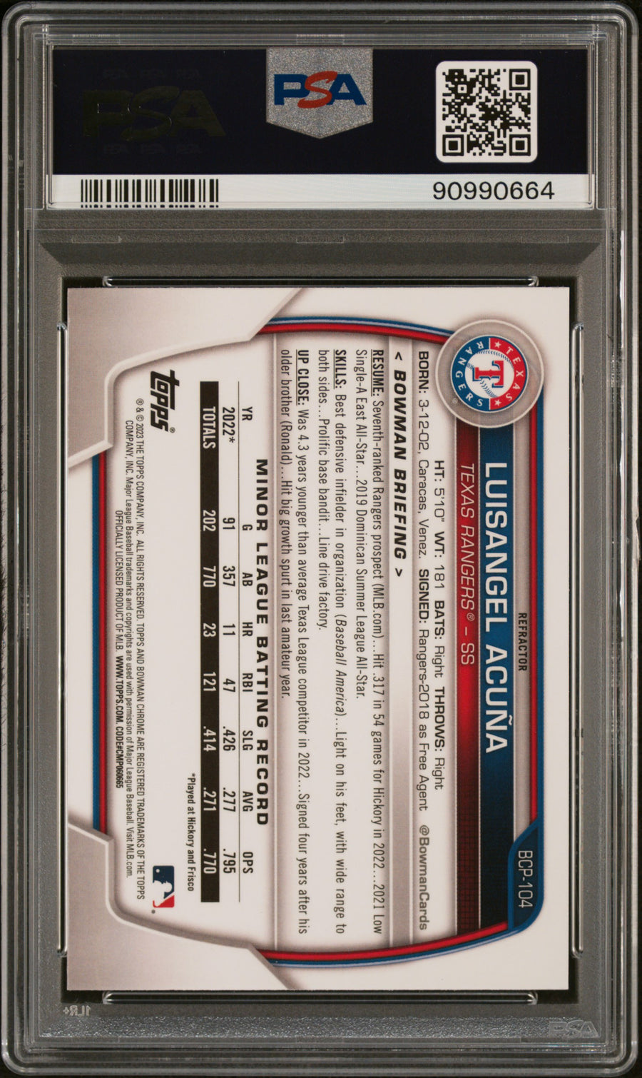 2023 Bowman Chrome Prospects #BCP104 Luisangel Acuna Lunar Glow Refractor PSA 9 — Back