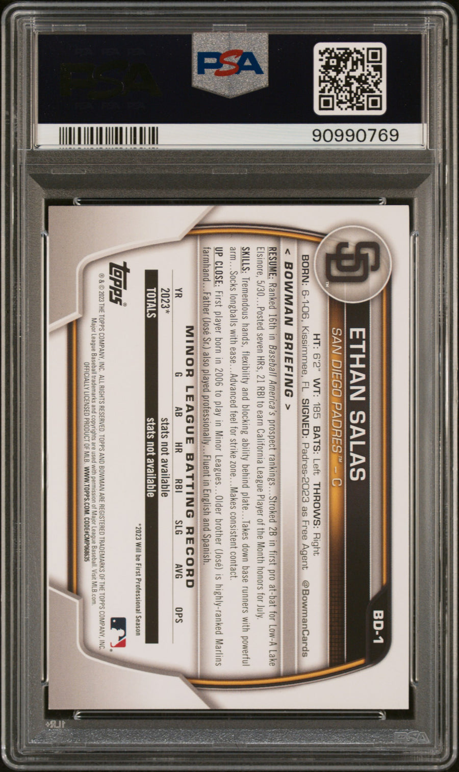 2023 Bowman Draft #BD1 Ethan Salas PSA 10 — Back