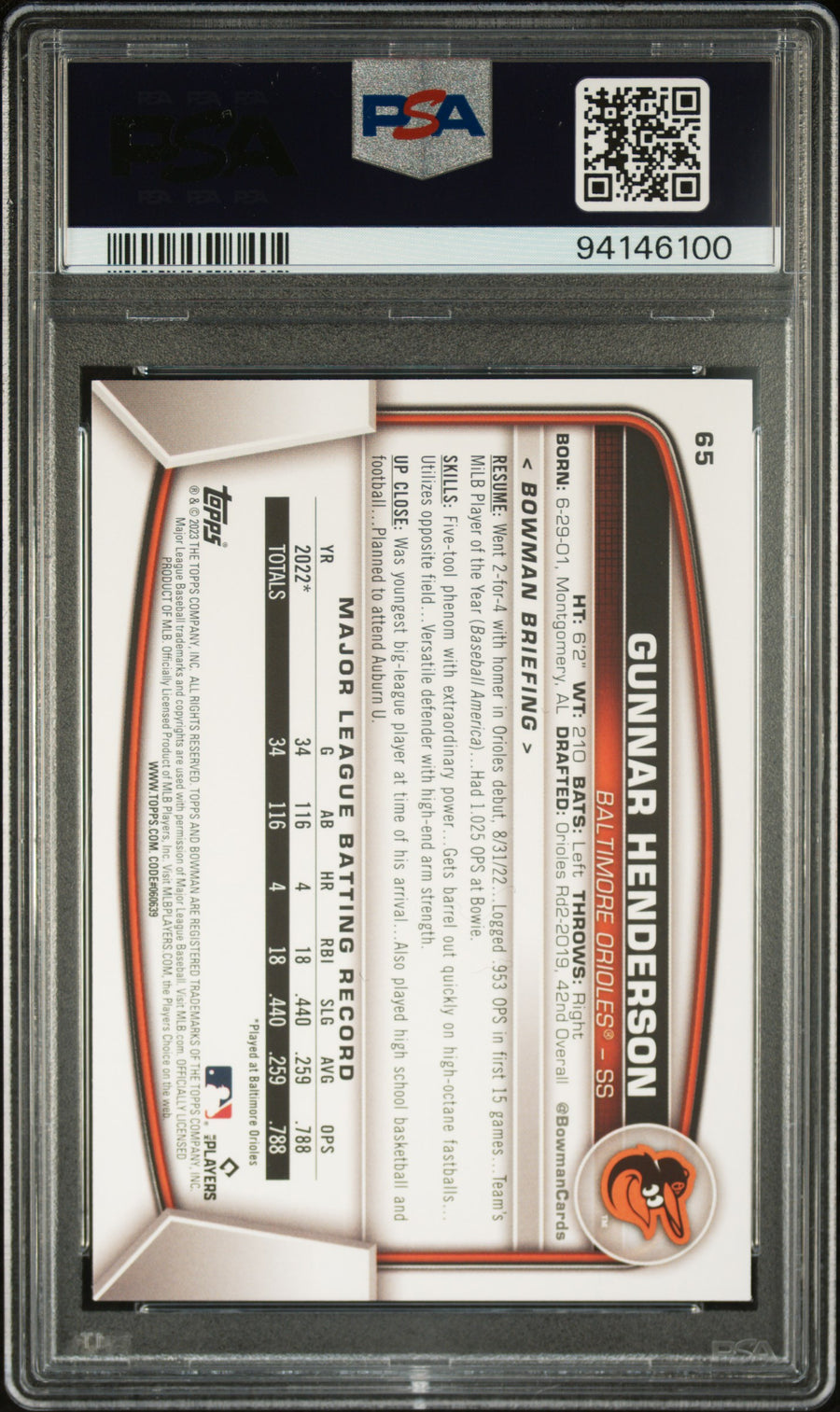 2023 Bowman #65 Gunnar Henderson RC PSA 9 — Back