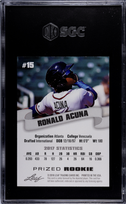 2018 Leaf Prized Rookie #15 Ronald Acuna Jr. SGC 9 — Back