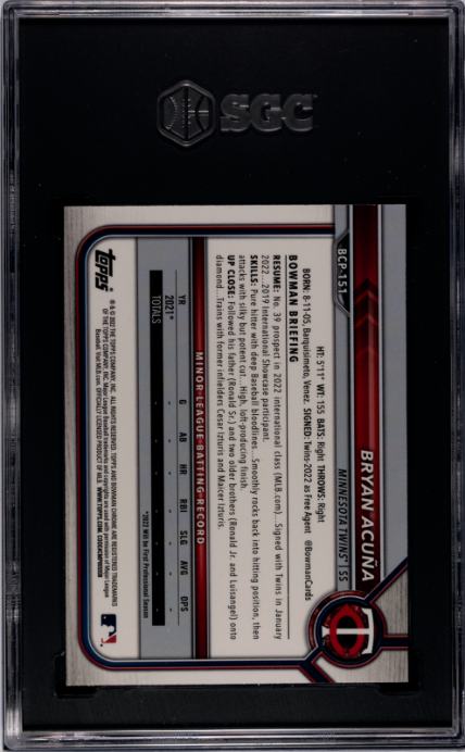 2022 Bowman Chrome Mega Box #BCP-151 Bryan Acuna Prospect SGC 8.5 — Back